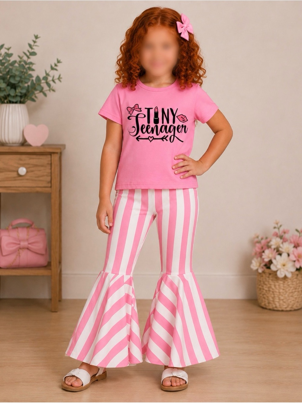 Girls Boutique Tiny Teenager Graphic Top & Pink Strip Bell Bottoms Pants Set